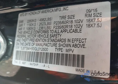 2016 Acura Rdx Technology Acurawatch Plus Packages/Technology Package from USA, damaged, VIN 5J8TB4H50GL012500